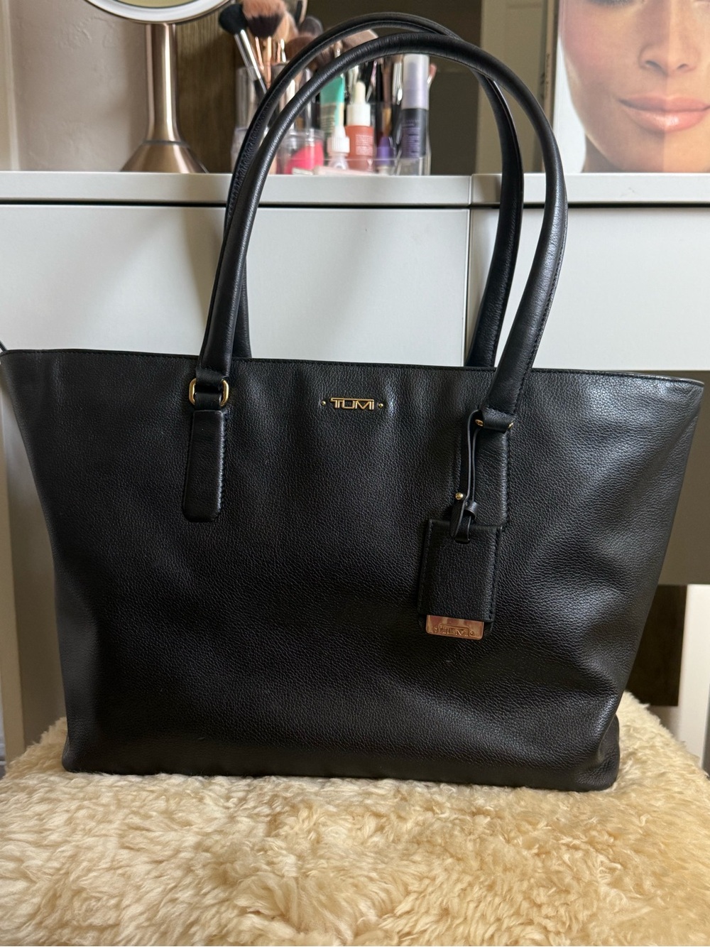Tumi Voyageur Carolina Leather Tote Bag in Black & Goldtone Hard